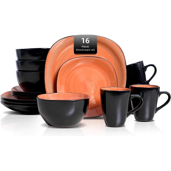 Stoneware Square 16-Piece Dinnerware Set with Spinwash Swirl Interior and Matte Black Exterior