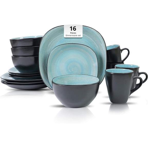 Stoneware Square 16-Piece Dinnerware Set with Turquoise Swirl Interior and Matte Black Exterior