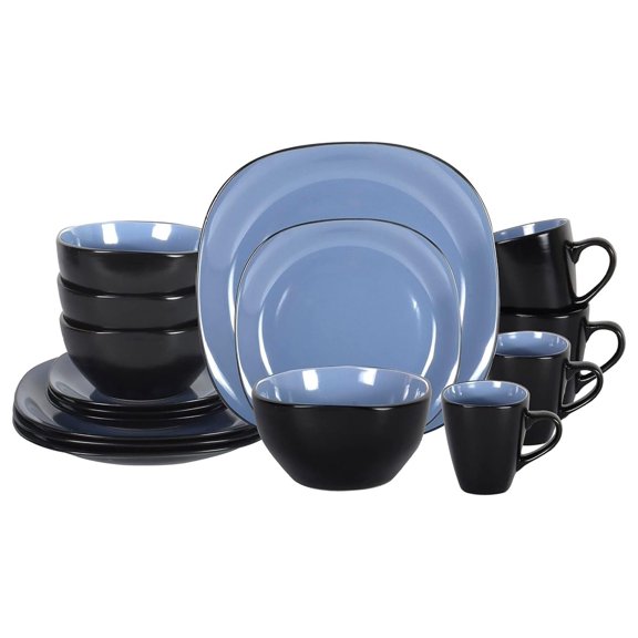 Stoneware Square 16pc Dinnerware Set, Inside Shiny Blue + Outside Matte Black