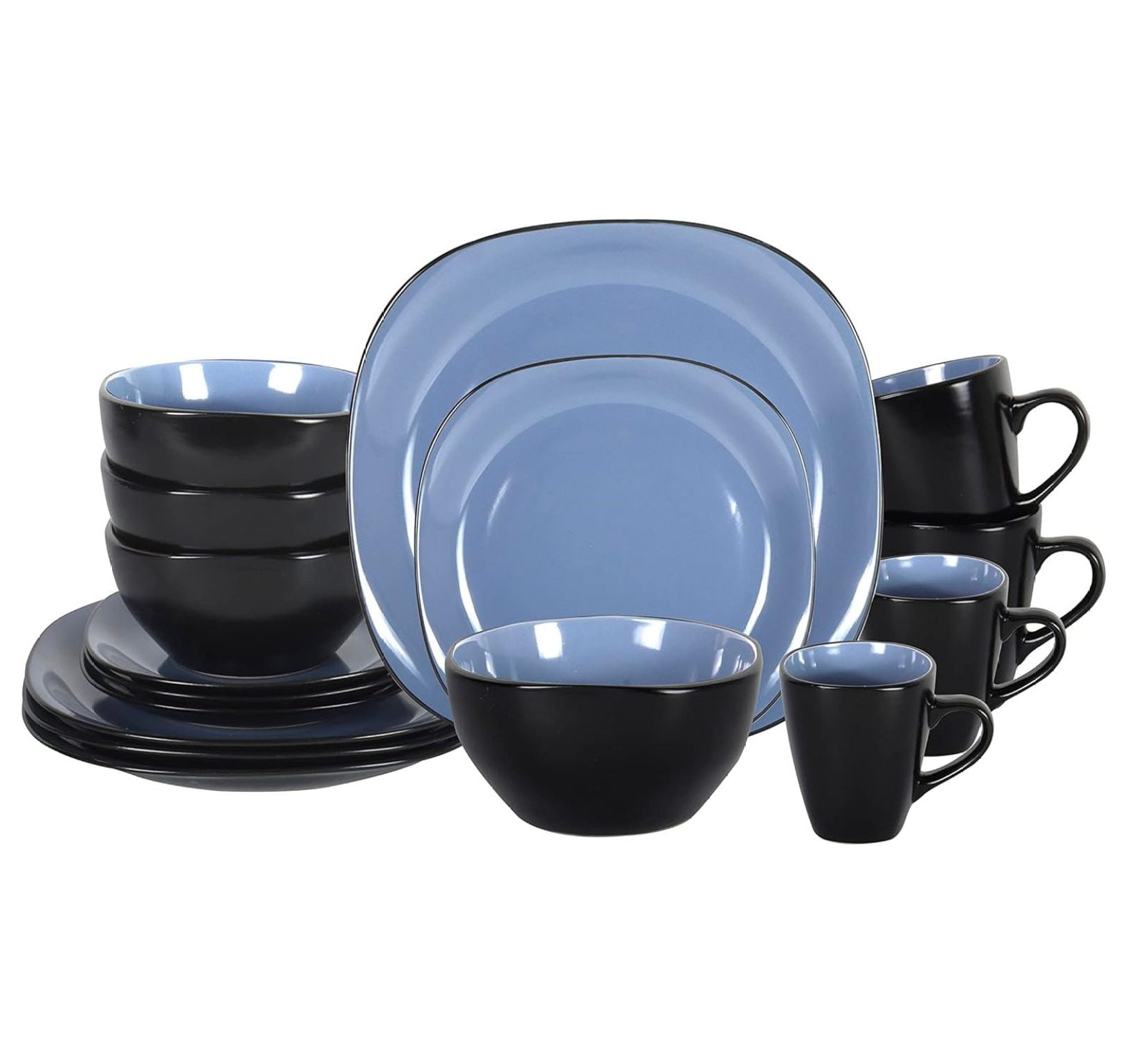 Stoneware Square 16pc Dinnerware Set, Inside Shiny Blue + Outside Matte