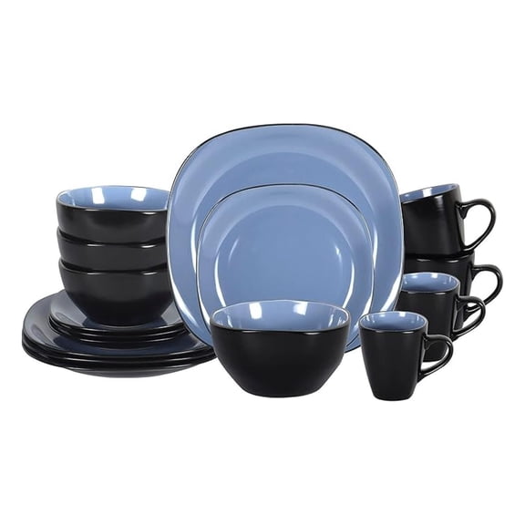 Stoneware Square 16pc Dinnerware Set, Inside Shiny Blue + Outside Matte Black