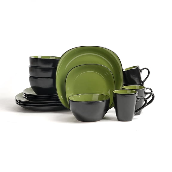 Stoneware Square 16pc Dinnerware Set, Inside Shiny Green + Outside Matte Black