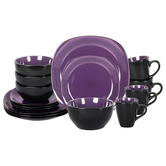 Stoneware Square 16pc Dinnerware Set, Inside Shiny Purple and Outside Matte Black