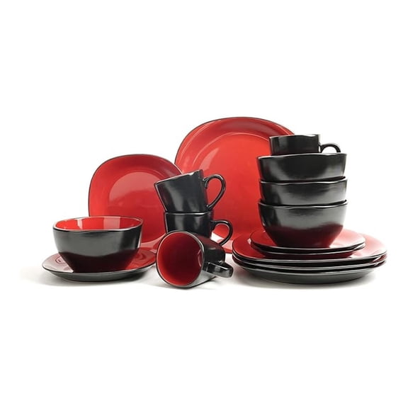 Stoneware Square 16pc Dinnerware Set, Inside Shiny Red + Outside Matte Black