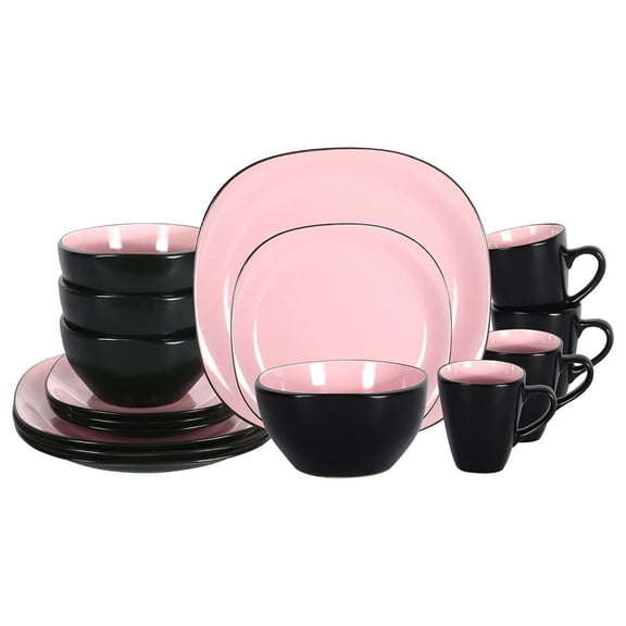 Stoneware Square 16pc Dinnerware Set, Inside Shiny Rose + Outside Matte Black