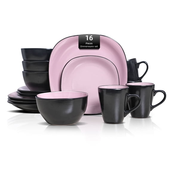 Stoneware Square 16pc Dinnerware Set, Inside Shiny Rose + Outside Matte Black