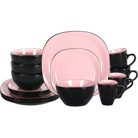 Stoneware Square 16pc Dinnerware Set, Inside Shiny Rose + Outside Matte Black