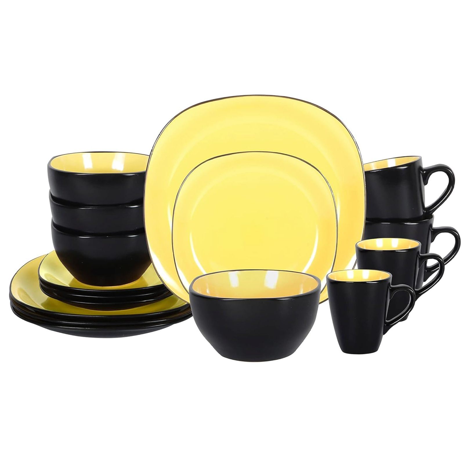 Stoneware Square 16pc Dinnerware Set, Inside Shiny Yellow + Outside