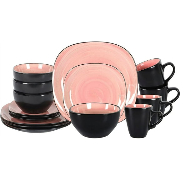 Stoneware Square 16pc Dinnerware Set, Inside Spinwaseh Swirl Rose + Outside Black