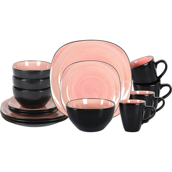 Stoneware Square 16pc Dinnerware Set, Inside Spinwaseh Swirl Rose + Outside Black