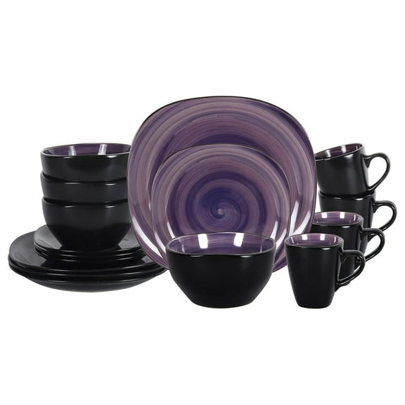 Stoneware Square 16pc Dinnerware Set, Inside Spinwash Swirl Purple + Outside Black