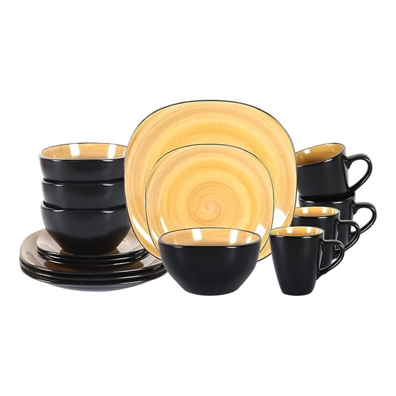 Stoneware Square 16pc Dinnerware Set, Inside Spinwash Swirl Yellow + Outside Black