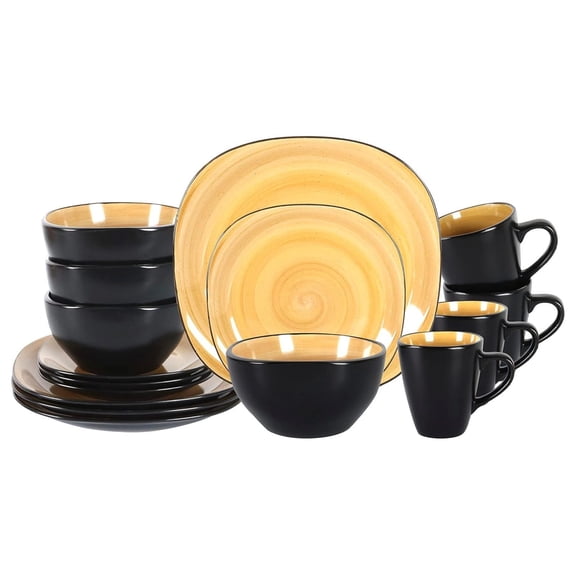 Stoneware Square 16pc Dinnerware Set, Inside Spinwash Swirl Yellow + Outside Black