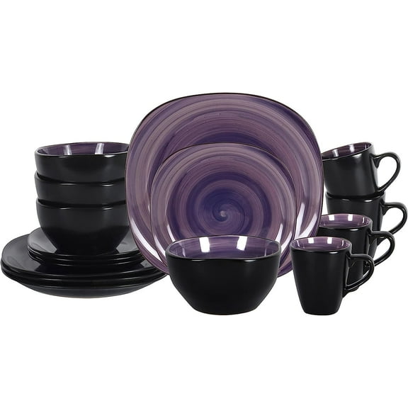 HomeVss Stoneware Square 16pc Dinnerware Set, Inside Spinwash Swirl Purple + Outside Black