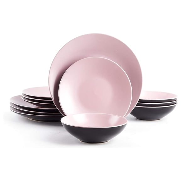 Stoneware Two-Tone Colors Life 12pc Dinner Set，Outside Shiny Black + Inside Matte Glaze Rose