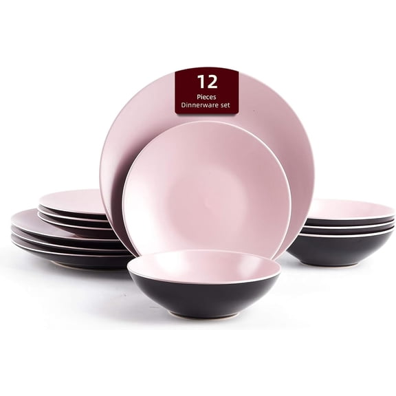 Stoneware Two-Tone Colors Life 12pc Dinner SetOutside Shiny Black + Inside Matte Glaze Rose