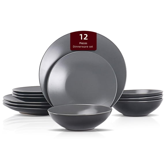 Stoneware Two-Tone Colors Life 12pc Dinner SetOutside Shiny Black + Inside Matte Glaze Warm Grey