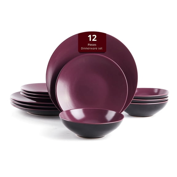 Stoneware Two-Tone Colors Life 12pc Dinner Set, Outside Shiny Black + Inside Matte glaze Plum