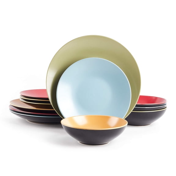 Stoneware Two-Tone Colors Life 12pc Dinnerware Set,Outside Shinny Black + Inside Matte Finished Very Funny - 4 Assorted Colors Turquoise, Olive, Curry, Red