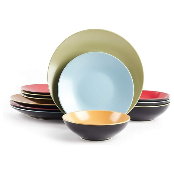 Stoneware Two-Tone Colors Life 12pc Dinnerware Set,Outside Shinny Black + Inside Matte Finished Very Funny - 4 Assorted Colors Turquoise, Olive, Curry, Red