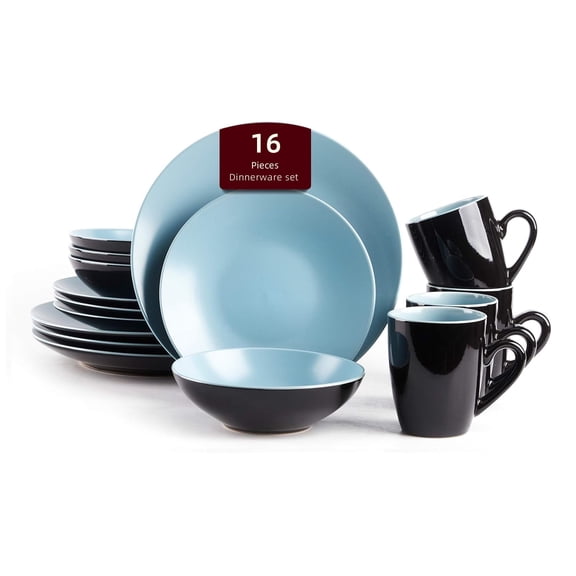 Stoneware Two-Tone Colors Life 16pc Dinner Set， Outside Shiny Black + Inside Matte Glaze Turquoise