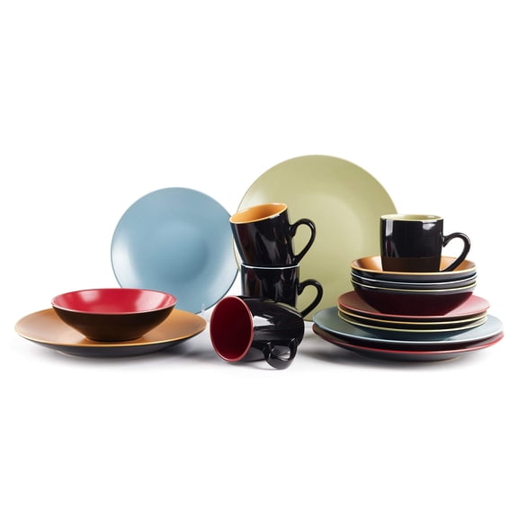 Stoneware Two-Tone Colors Life 16pc Dinnerware Set，Outside Shinny Black + Inside Matte Finished Very Funny - 4 Assorted Colors Turquoise, Olive, Curry and Red