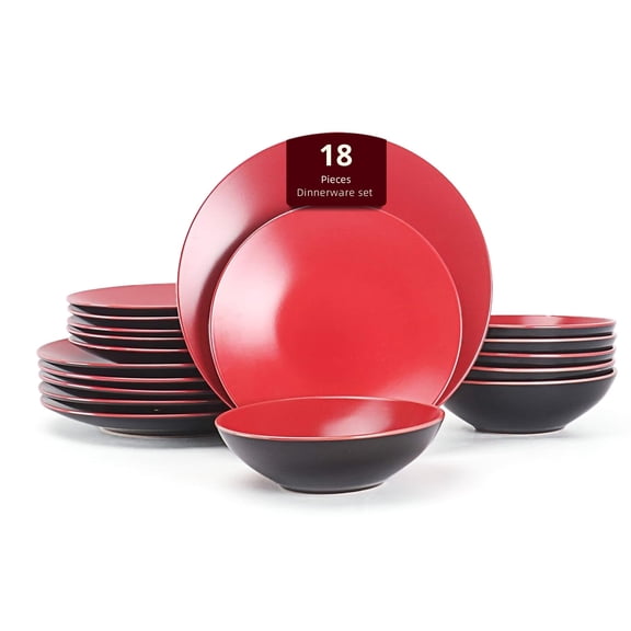 Stoneware Two-Tone Colors Life 18pc Dinner Set，Outside Shiny Black + Inside Matte Glaze Red