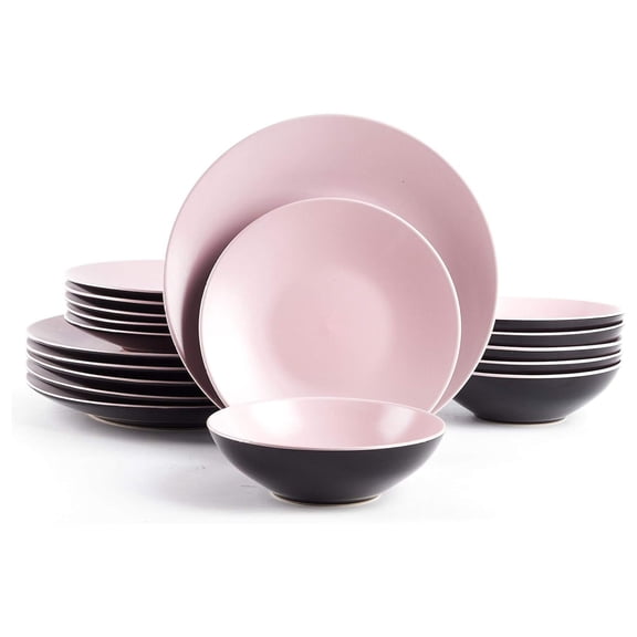 Stoneware Two-Tone Colors Life 18pc Dinner Set,Outside Shiny Black + Inside Matte Glaze Rose