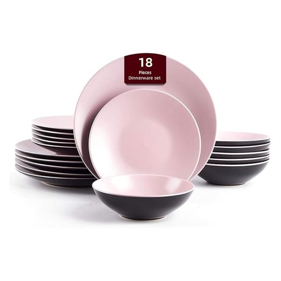 Stoneware Two-Tone Colors Life 18pc Dinner Set,Outside Shiny Black + Inside Matte Glaze Rose