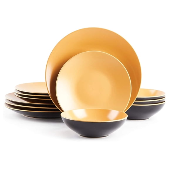 Stoneware Two-Tone Colors Life Dinner Set 12pc Set, Outside Shiny Black + Inside Matte Curry