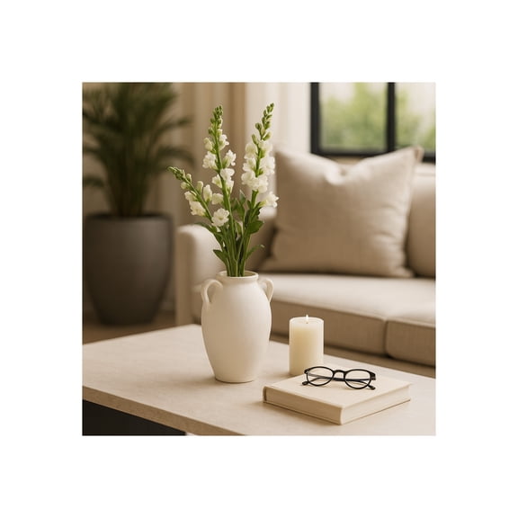 Elegant Ceramic Jug Vase with Textured Handles for Living Room Decor and Home Accents - Decorative Flower Vase for Room, Bedroom, or Office Display - Ideal for House and Table Styling - 10", White