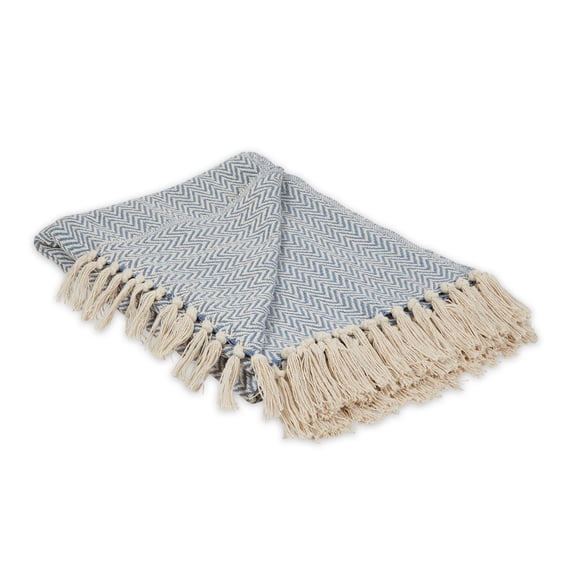 Stonewash Blue Handloom Chevron Cotton Throw 50x60 with a 2.5-inch fringe