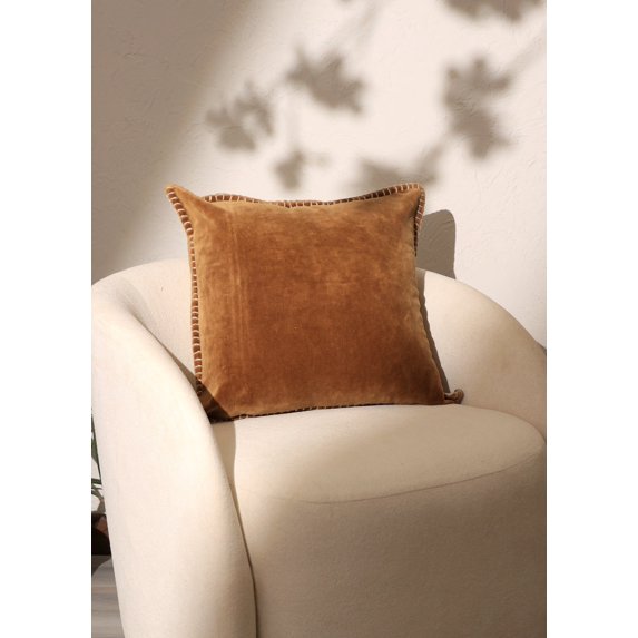 Stonewashed Cotton Velvet Throw Pillow with Decorative Handstiched Edges-19X19"