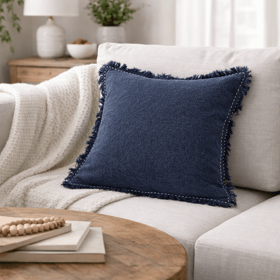 Expobazaar Linen Throw Pillow | Hand-Worked Edges & Fringe | 22x22" | Home & Living Accent
