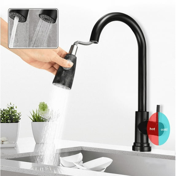 Stoneway Kitchen Faucet with Pull Down Sprayer Black, High Arc Single Handle Kitchen Sink Faucet with Hose, Commercial Modern rv Solid Brass Kitchen Faucets, Matte Black