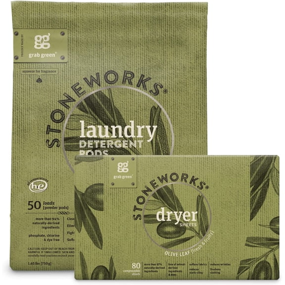 Stoneworks Laundry Detergent Pods and Dryer Sheet Bundle, 50 Count Pods and 80 Dryer Sheets, Olive Leaf Scent, Plant and Mineral Based Laundry Care Set