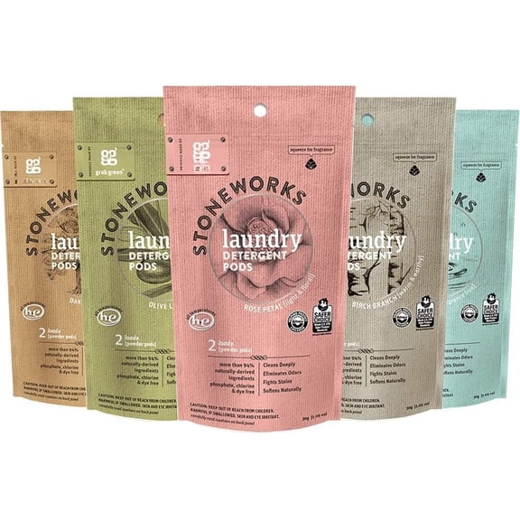 Stoneworks Laundry Detergent Pods Sample Kit, 10 Count, Birch Branch, Free Rain, Oak Tree, Olive Leaf, Rose Petal Scents, a Tree