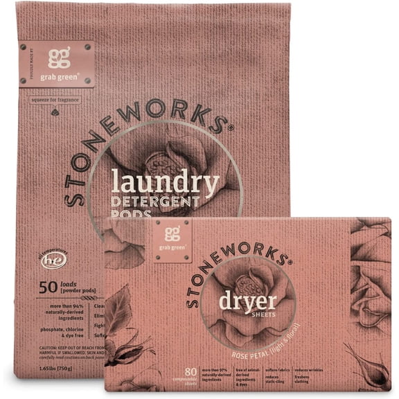 Stoneworks Laundry Detergent Pods and Dryer Sheet Bundle (Rose Petal) | 80 Count