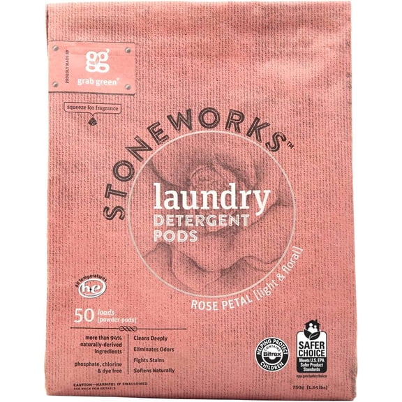 Stoneworks Natural Laundry Detergent Powder Pods, Rose Petal, 50 loads