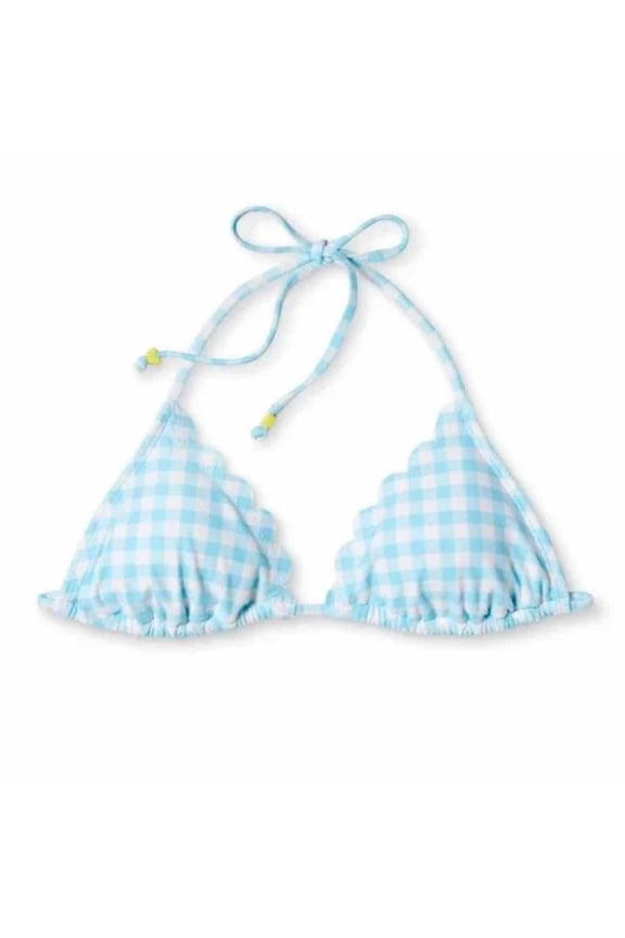 Women's Gingham Scalloped Triangle Bikini Top - (Blue Checked, Medium)
