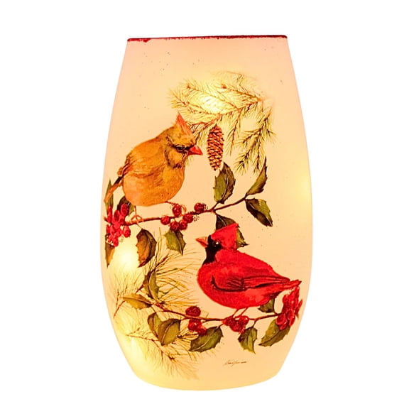 Stony Creek 5.25In Winter Cardinal Couple Small Pre-Lit Vase, Glass, Lighted Novelty Vase Bsc5204 Red