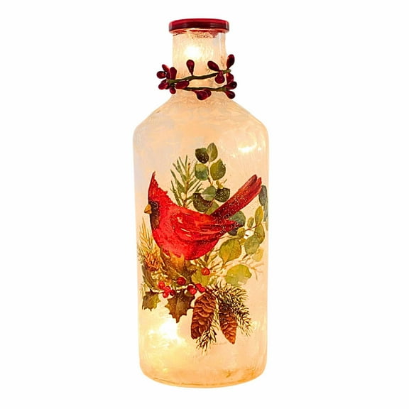 Stony Creek 7.75In Pine Boughs & Birds, Glass, Pre-Lit Vase Berries Lll2241 Cardinal