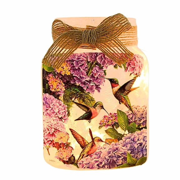 Stony Creek Floral Hummers Lit Jar W/Bow Electric  Hummingbird Ghm2272 Blue