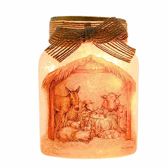 Stony Creek 4.50In Nativity Pre-Lit Jar, Glass, Manger Creche Animals Sbn2272 Tan