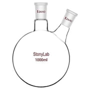 StonyLab 1000mL Dual-Neck Round Bottom Lab Flask, Heavy Wall Borosilicate Glass, 24/40 Standard Joint