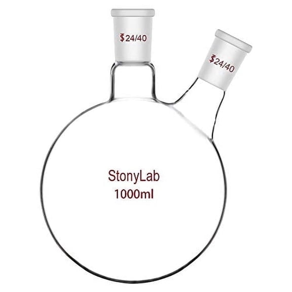 StonyLab 1000mL Dual-Neck Round Bottom Lab Flask, Heavy Wall Borosilicate Glass, 24/40 Standard Joint