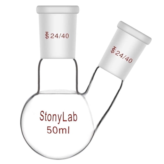 StonyLab 50ml 2-Neck Round Bottom Lab Flask, Borosilicate Glass with 24/40 Center & Side Joints