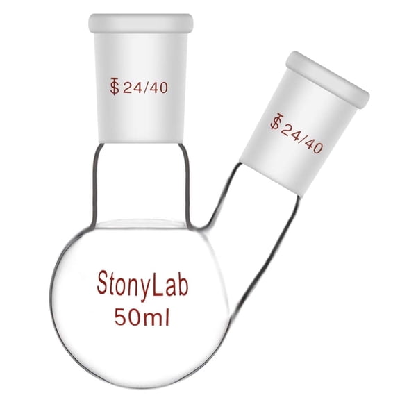 StonyLab 50ml 2-Neck Round Bottom Lab Flask, 24/40 Center and Side Standard Outer Joints