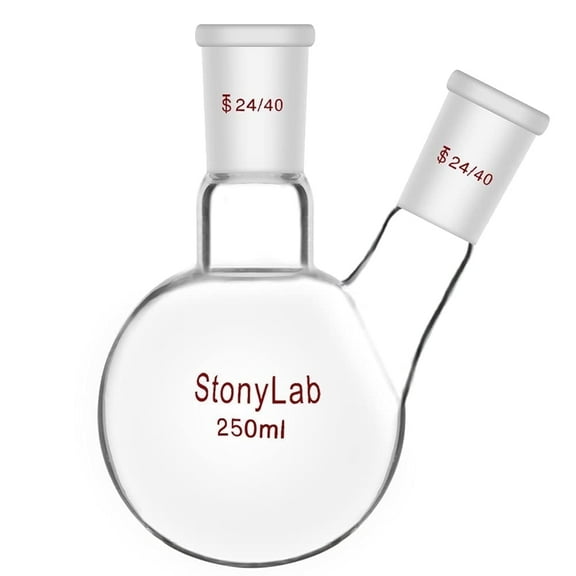 StonyLab 2-Neck Round Bottom Flask (RBF), 250ml Heavy Wall Borosilicate Glass, 24/40 Joint, Lab Flask