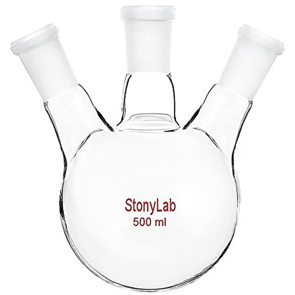 StonyLab 500ml 3-Neck Round Bottom Lab Flask, Borosilicate Glass with 24/40 Standard Taper Joints for Chemistry Experiments